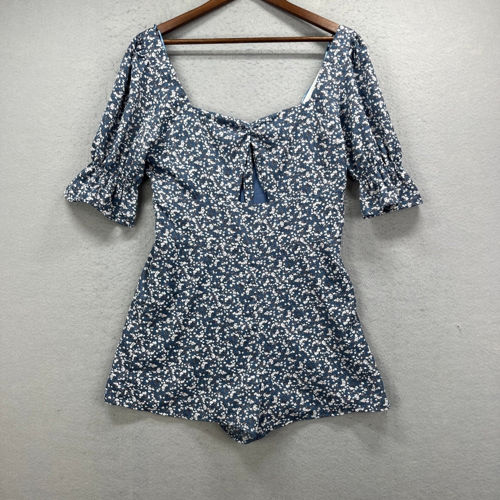 Altard State Romper Womens Large Blue Floral Puff Sleeve Keyhole Cutout Boho